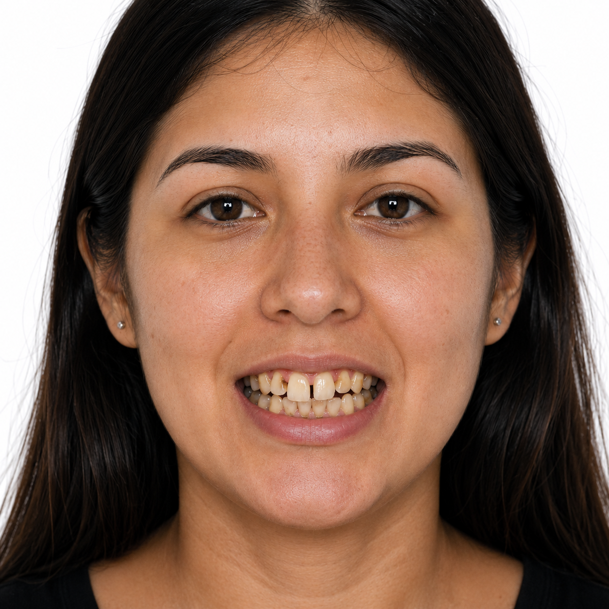 Paciente antes del tratamiento, dientes desalineados y oscurecidos