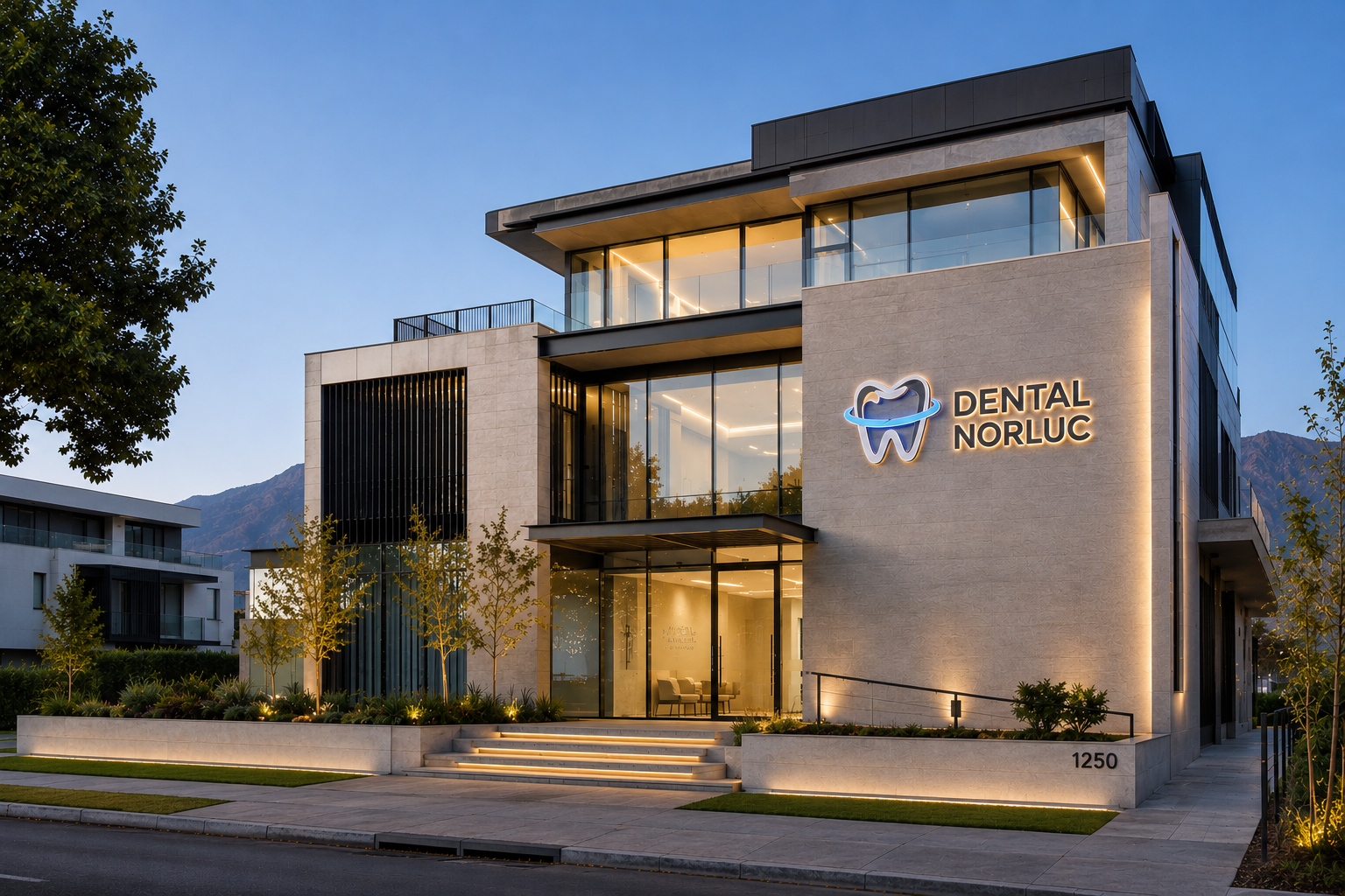 Fachada de la clínica Dental Norluc al atardecer, en Las Condes, Santiago