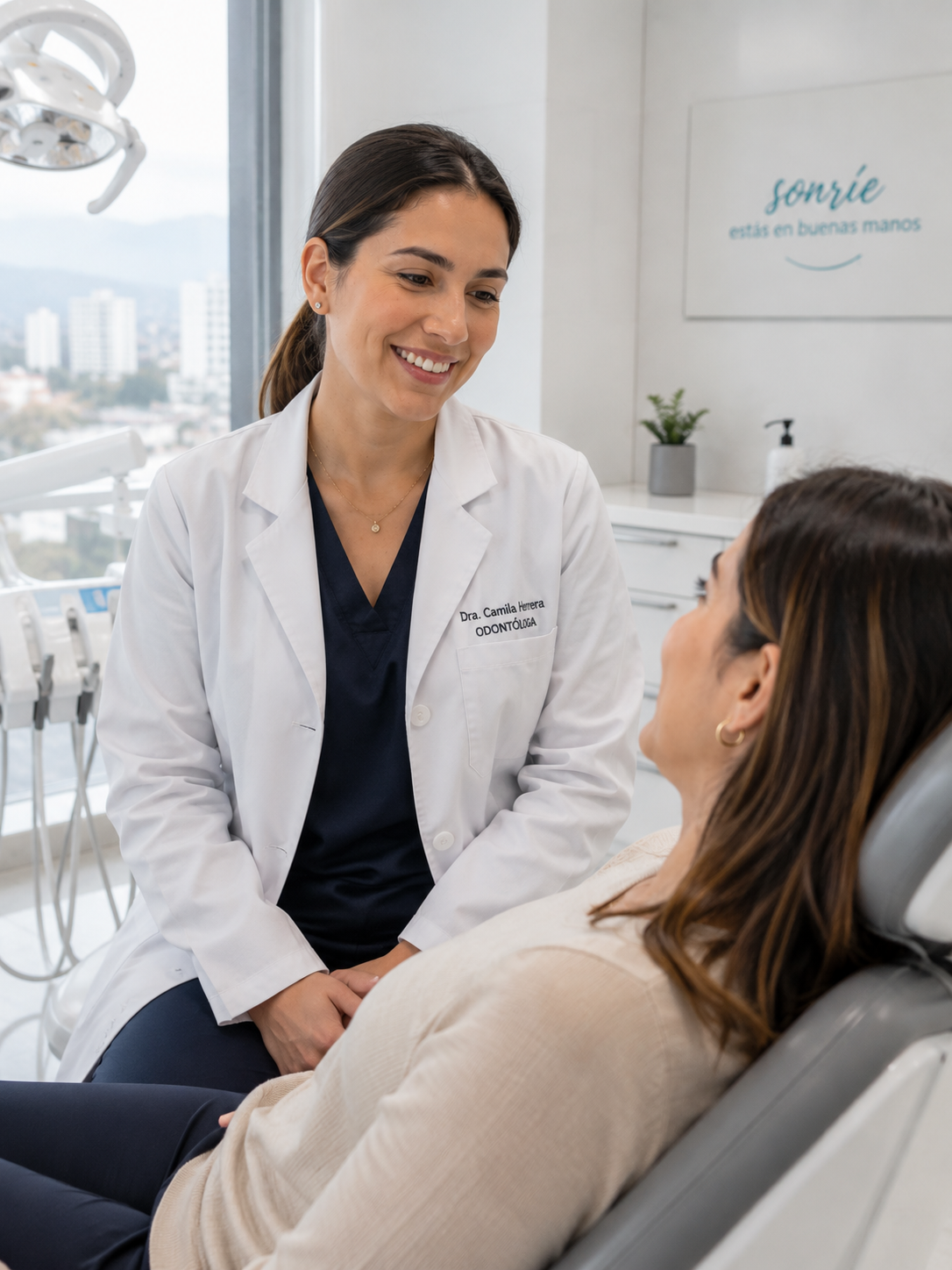 Dra. Camila Herrera conversando con una paciente en el box dental de Dental Norluc